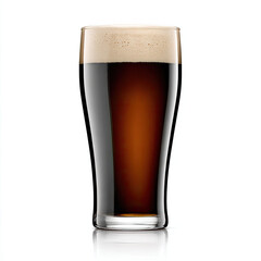 Dark beer with creamy foam in clear glass on white background