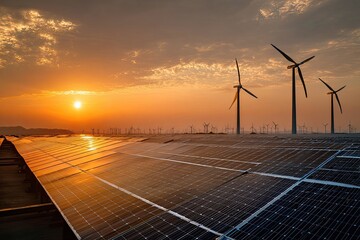 Sunset over solar panels and wind turbines
