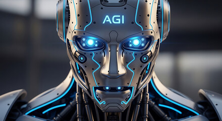 Fototapeta premium Futuristic ai robot head with glowing eyes and the acronym agi displayed
