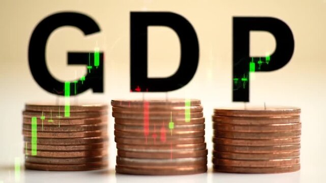 Stack of Coins Under Gdp Text and Candlestick Financial Chart Illustration