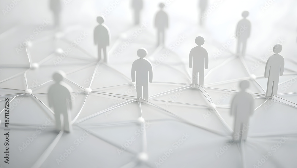 Poster white figures connected by lines represent social network on a bright surface, symbolizing communica