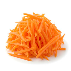 A fresh pile of bright orange shredded carrots isolated on a white background.