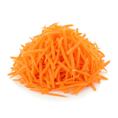 A pile of fresh bright orange shredded carrots isolated on a clean white background.