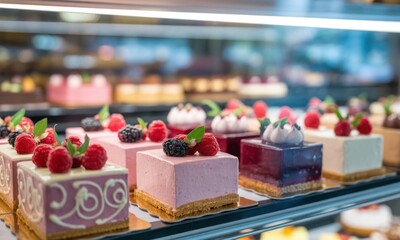 Delicious assortment of colorful small cakes and desserts in a bright glass display case