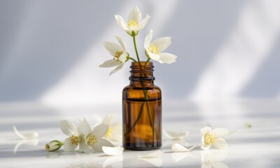 Amber glass bottle with delicate white jasmine flowers and petals, symbolizing natural essential oil and aromatherapy