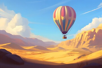 Obraz premium A hot air balloon floating over a sprawling desert the vibrant colors of the balloon contrasting against the golden sand