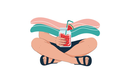 Person Relaxing With Watermelon Juice, Summer Vibe, Minimalist Art Style Illustration