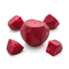 A whole peeled red beetroot with a faceted cut, surrounded by chopped pieces on a white background.