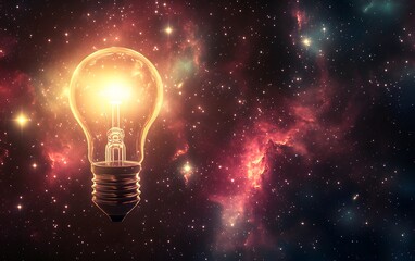 Glowing Light Bulb in Cosmic Nebula Space Background