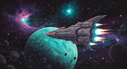 Spaceship in Space Pixel Art