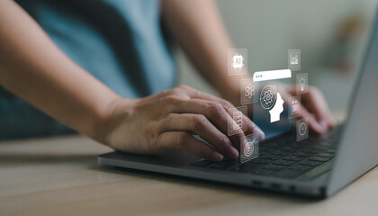 Person using laptop interacting with AI dashboard interface, smart data analytics and machine learning for business intelligent system management. AI powered system for data and task productivity.