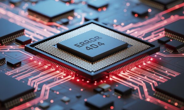 Computer chip with error 404 message on glowing red circuit board technology