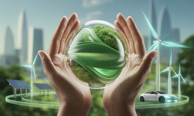 Hands cradling a glowing green orb with sustainable energy elements and city skyline