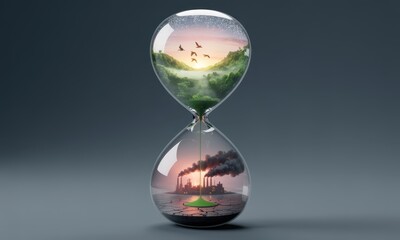 Hourglass symbolizing environmental change with nature transforming into industrial pollution