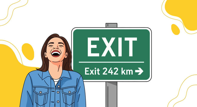 Joyfully Laughter Woman by Road Sign, Journey or Way Out, Travel Concept, Vector Illustration