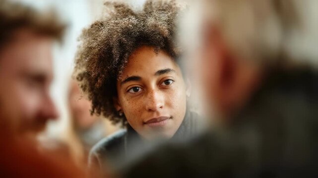 Focused medium shot showing attentive participant in an mpox stigma support circle their face clear amidst blurred group members fostering mental health awareness.