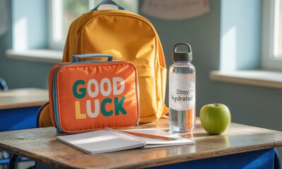 School backpack, good luck lunchbox, water bottle, and apple on a classroom desk
