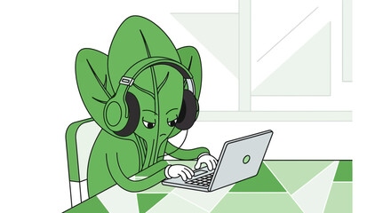 Leaf Person Working On Laptop With Headphones In Modern Illustrated Cartoon Lifestyle