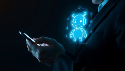 Person using smartphone with glowing chatbot interface and AI icons artificial intelligence robot