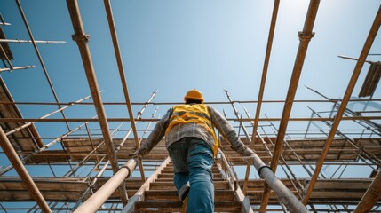 Construction worker ascending scaffolding against a clear blue sky upward view
