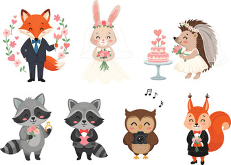 Adorable Forest Wedding Animals Vector Set Featuring Bride, Groom, Cake, Flowers, Photographer, and Romantic Woodland Characters in Cartoon Style