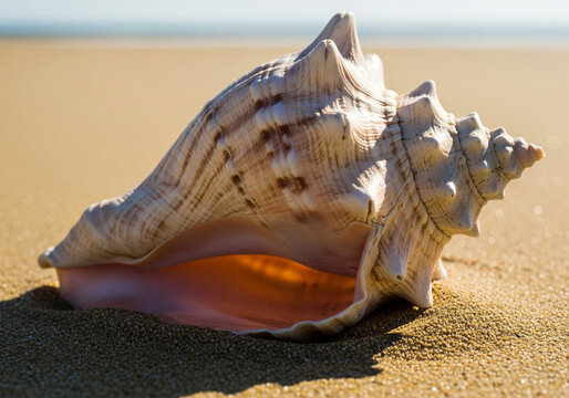 A large seashell placed on fine sand, illuminated from above to emphasize its concave shape and natural texture.