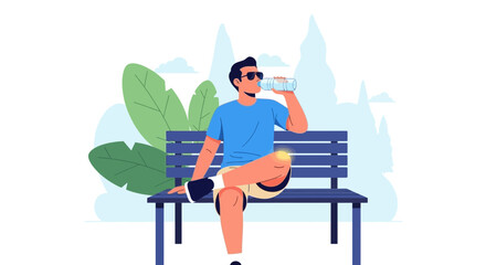 Man Drinking Water While Resting on a Bench, Perfect For Health-Related Themes
