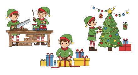 Holiday season preparations: delightful illustrations of santa's elves in joyful activities