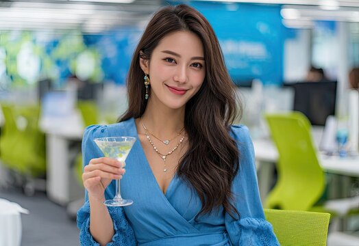 an asian woman in a blue dress holds a martini glass at a modern bar, posing for the camera