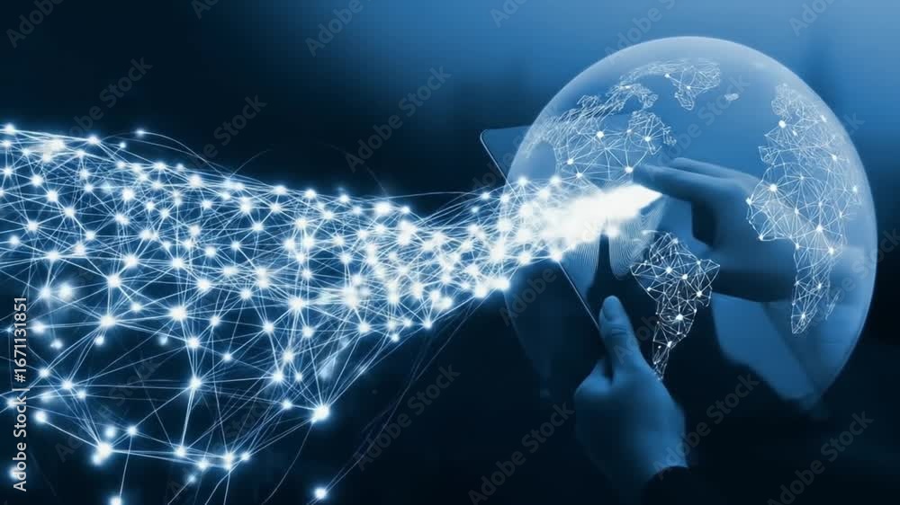 Poster global network and communication concept with a hand holding a smartphone connecting to the world th