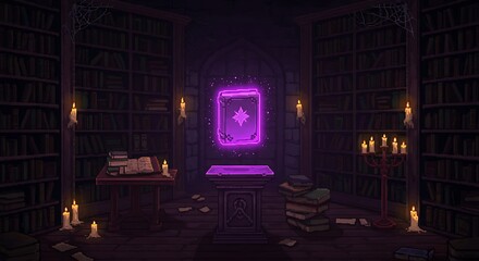 Magic Book in Dark Library with Candles