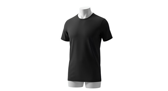 A black t-shirt on a white mannequin torso against a plain white background.