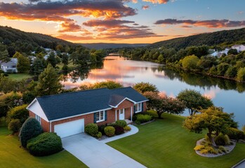 aerial view of the serene neighborhood near a west virginia lake with beautiful houses and green grass at sunset