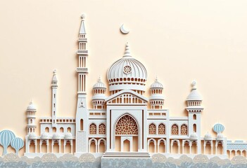 Naklejka premium Intricate paper cut mosque design, minarets, domes, Islamic art, black, domes