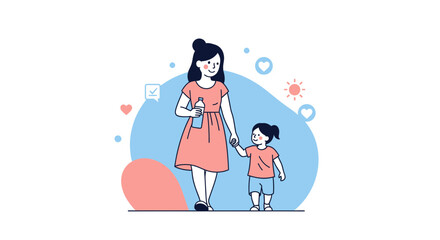 Mother And Child Walking Together Under The Sunny Sky And Showing Love and Affection