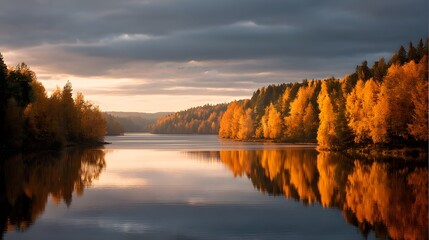 Fototapeta premium A cinematic lake surrounded by autumn forests glowing in golden evening sunlight
