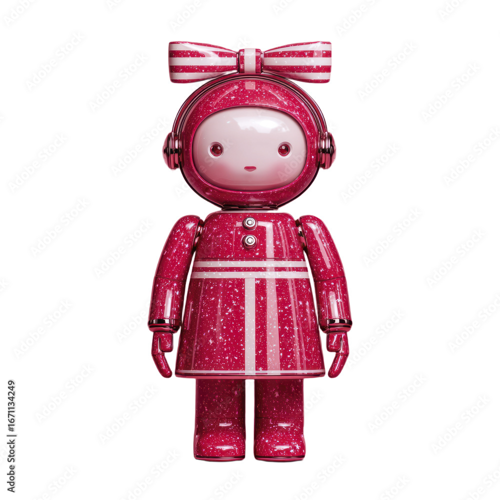 Poster 3d rendering of a stylized shiny red robot character wearing a striped bow and headphones