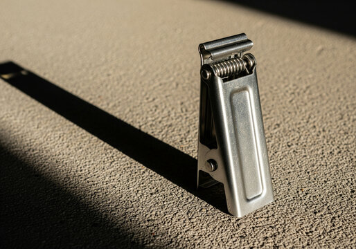A single metal clip standing upright on concrete, side-lit to cast a long dramatic shadow and emphasize its industrial form.