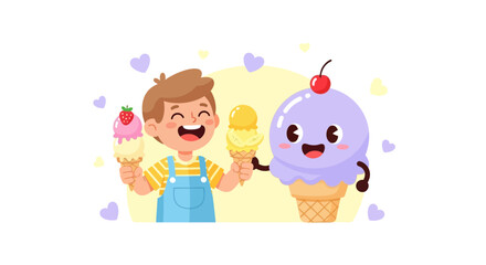 Obraz premium Smiling Boy Enjoying Delicious Ice Cream Cones with Funny Creature Friends