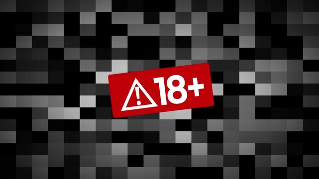 A red square written 18 plus blurred mosaic animation. 4k video.