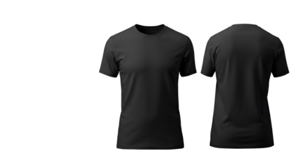 Blank black t-shirt mockup, front and back views,  isolated on white background.