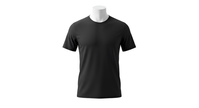 A black t-shirt displayed on a white mannequin against a white background.