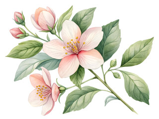 Delicate watercolor painting of pale pink apple blossoms on a dark background