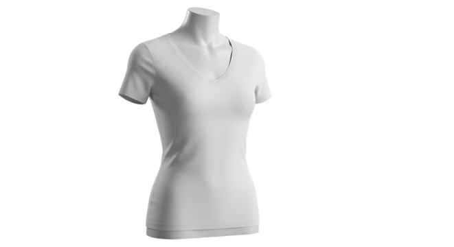 A white V-neck t-shirt displayed on a mannequin, isolated against a white background.