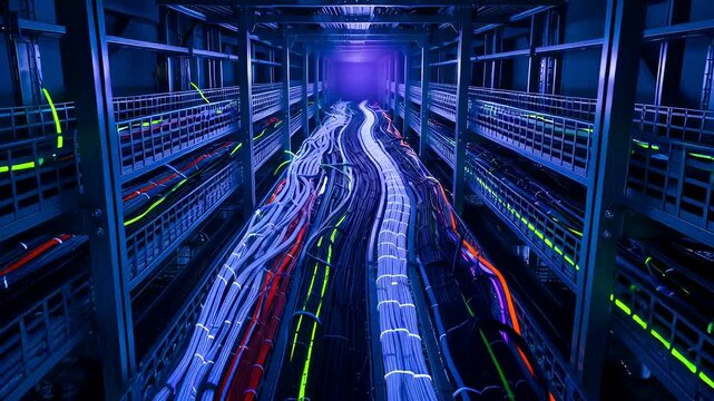 Data center cabling infrastructure with rows of network cables and servers for digital