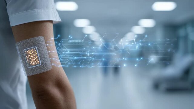 Focused view of a smart biosensor patch applied to upper arm skin with blurred hospital setting in background highlighting chronic disease management technology.