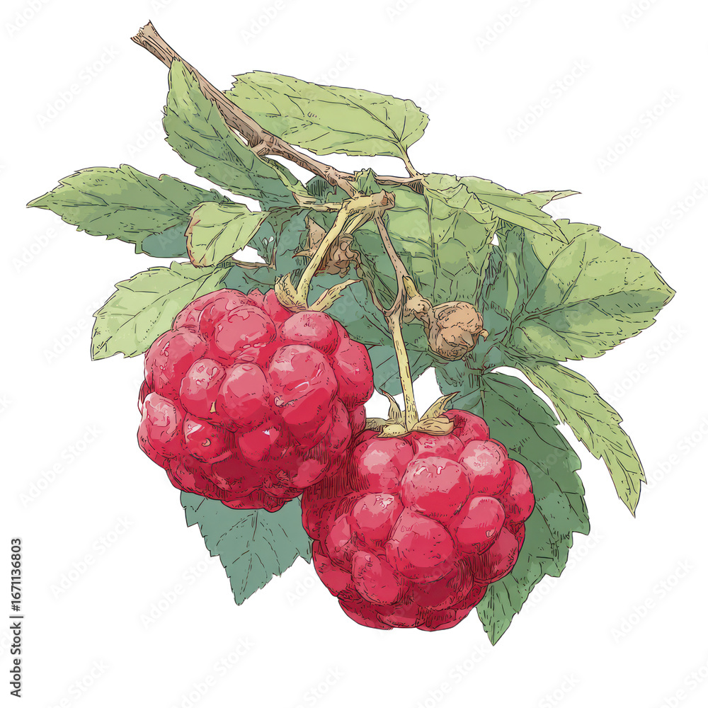 Poster two ripe red raspberries on a leafy branch with a transparent background raspberry