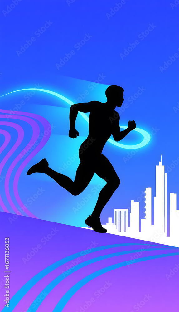 Poster silhouette of a runner sprinting uphill with cityscape background