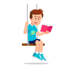 A cute boy reads a book while sitting on a swing