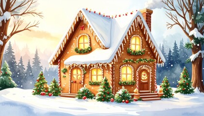 Fototapeta premium A festive Christmas gingerbread house with a Christmas tree in the snow